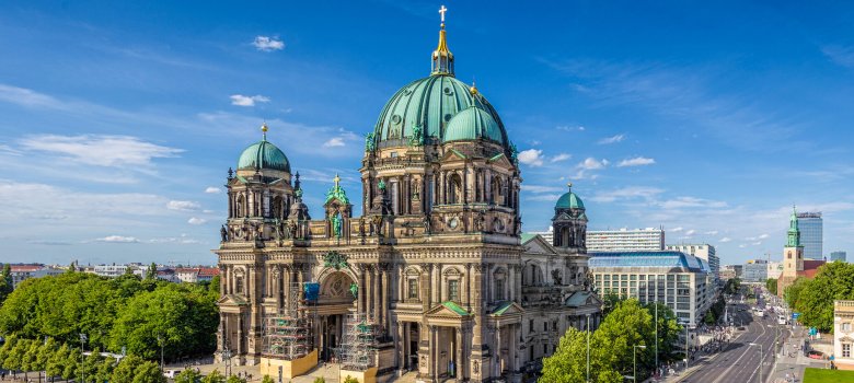 Berlin Cathedral with TV tower in summer, Berlin, Germany